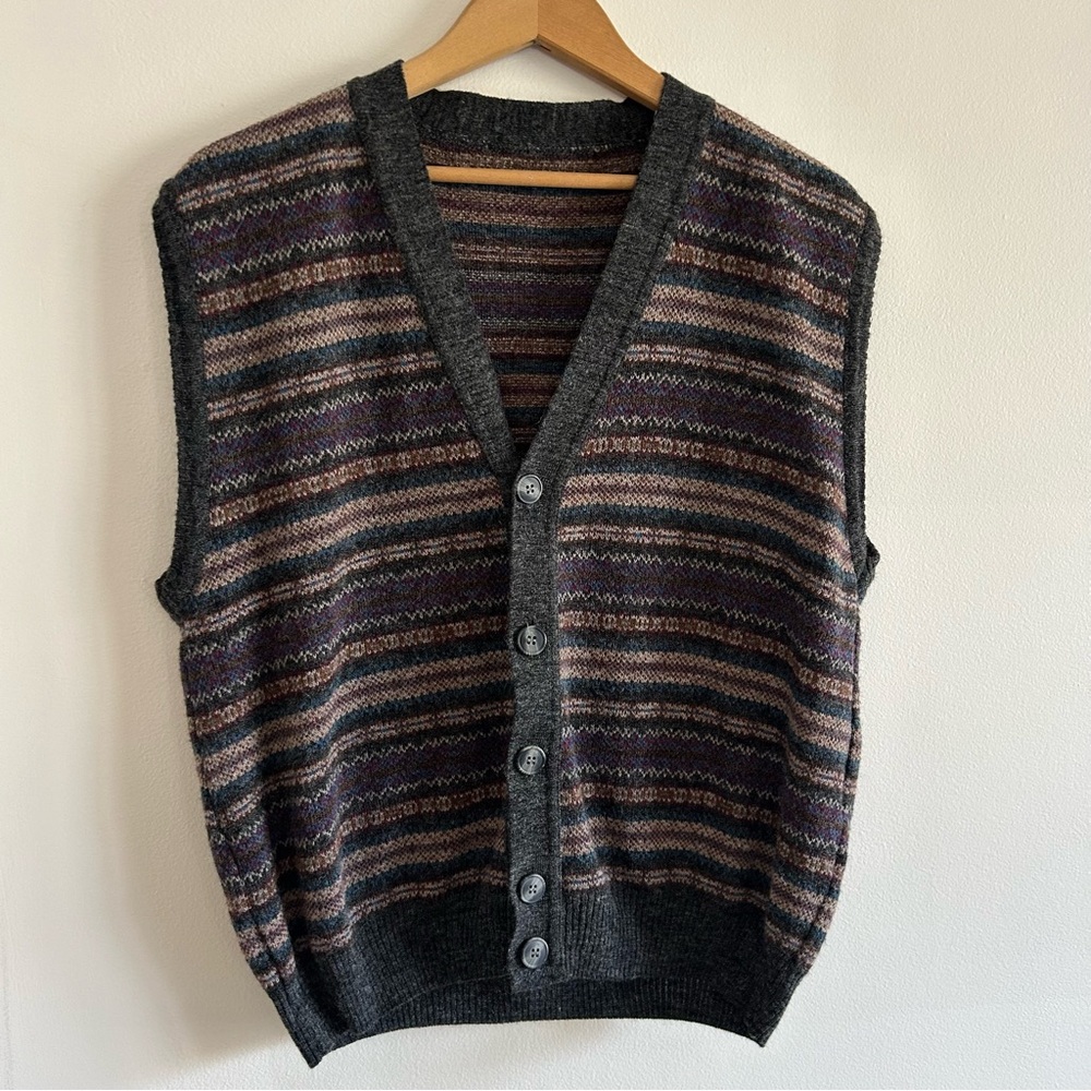 Vintage Striped Knit Button-Up Wool Vest